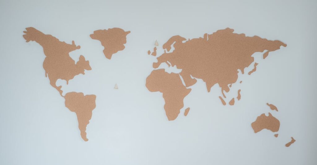 EXPATS NEWS 1 A minimalist cork board world map displayed on a white wall provides modern decor inspiration.